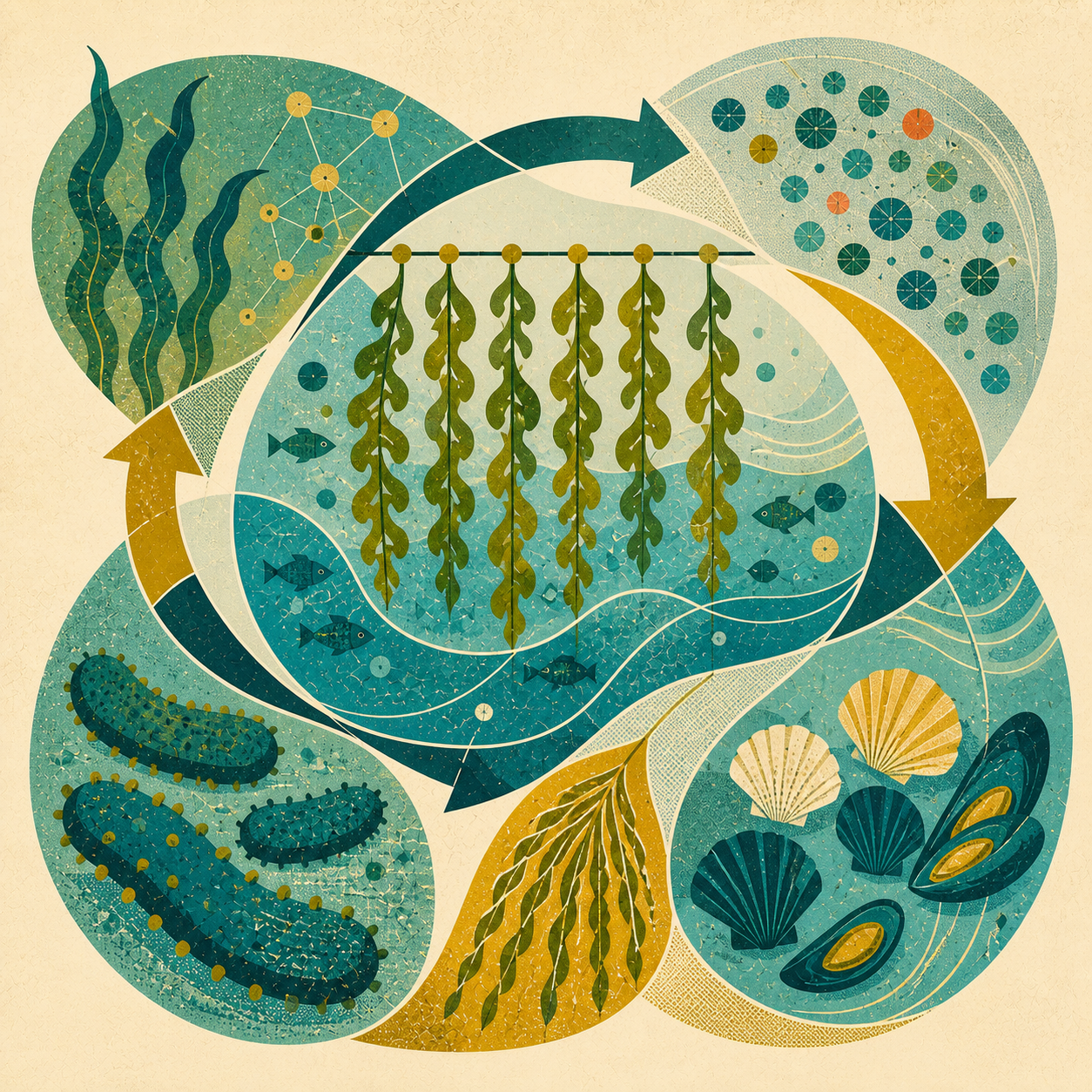 Geometric fish-print artwork of seaweed, shellfish and other low-trophic species linked by circular arrows.