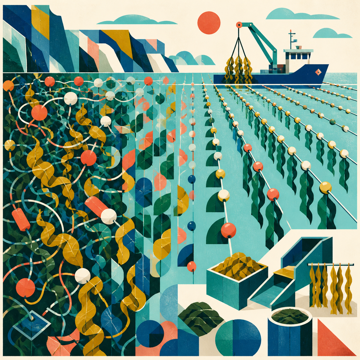 Geometric marine print in which dense seaweed-cultivation forms resolve into ordered parallel growlines.