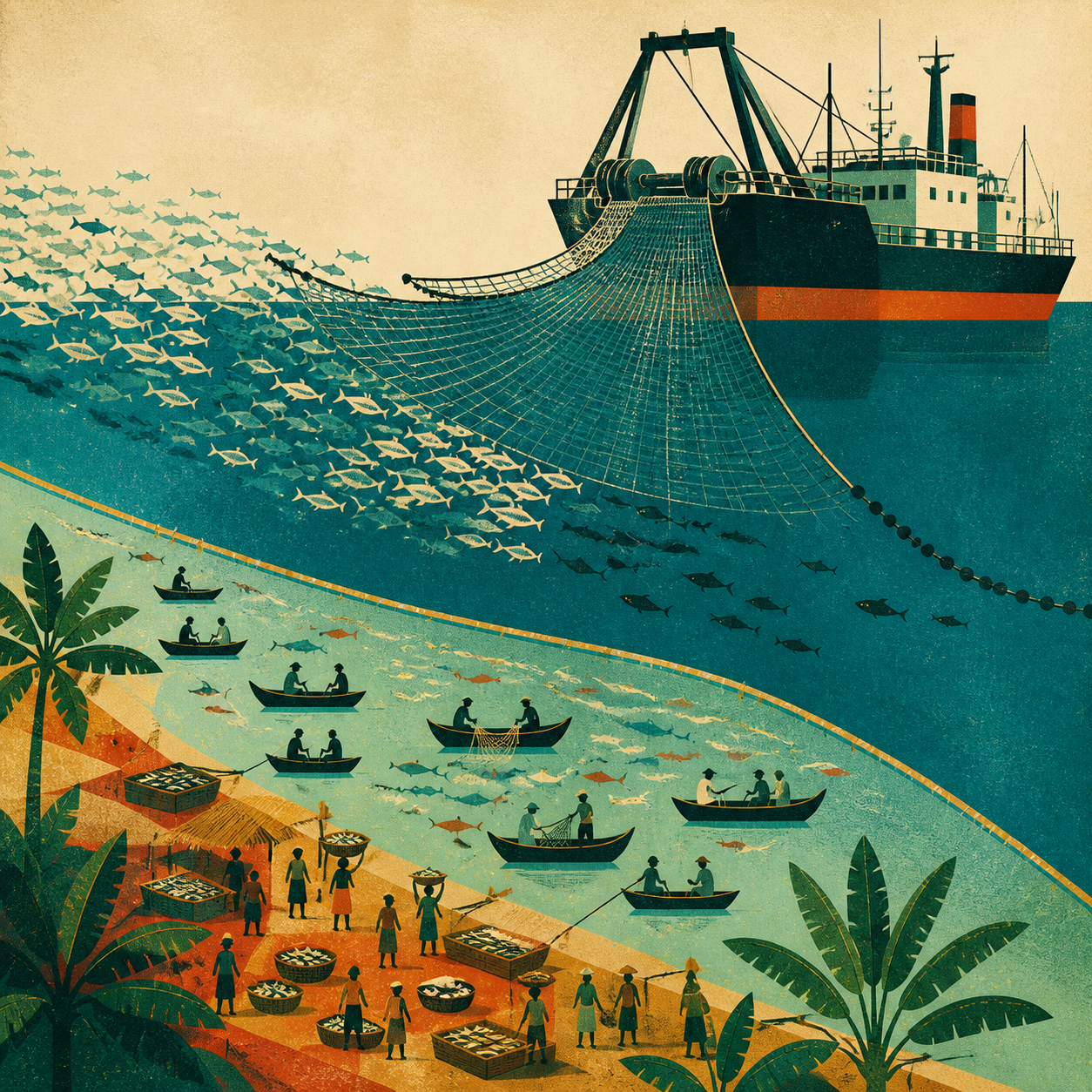 Geometric marine print contrasting one oversized industrial fishing form with many smaller boats, fish and shore-market modules.