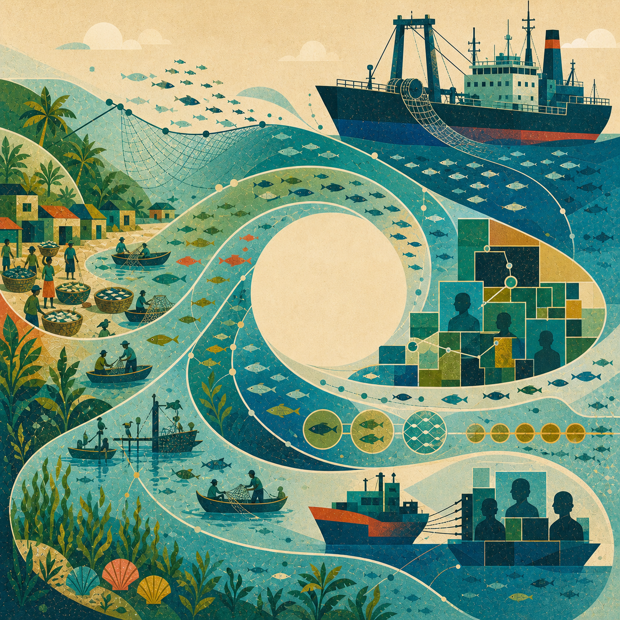 Geometric marine artwork showing an industrial vessel, small coastal boats, fish flows, nets and layered ownership-like grids.